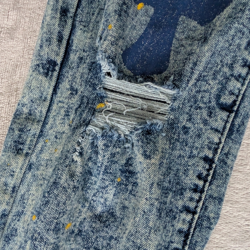 Womens Distressed Moto Skinny Jeans Streetwear Grunge Graffiti Acid Wash Sz 30 image 4